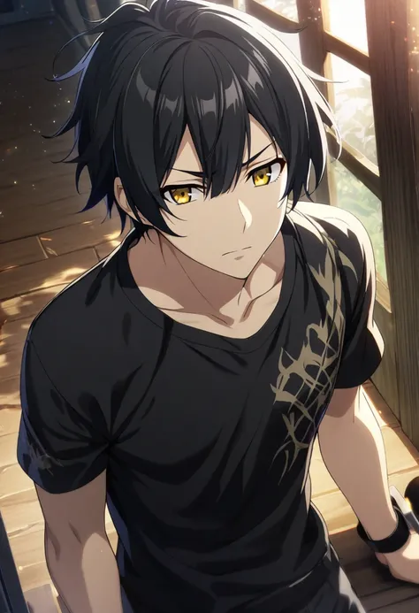 1boy, shor hairt, black hair, V Bangs, golden eyes, black clothes, handsome, CG