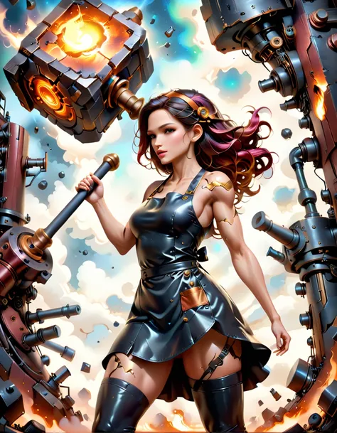 (sfw), (wide angle), 1woman, goddess of the forge, Hephaestus, ((blacksmith woman)), middle-aged woman in her 40s, slim toned physique, medium length wavy crimson hair that ombres to black, (red to black ombre hair), burn scars on chest and arms, (wearing ...