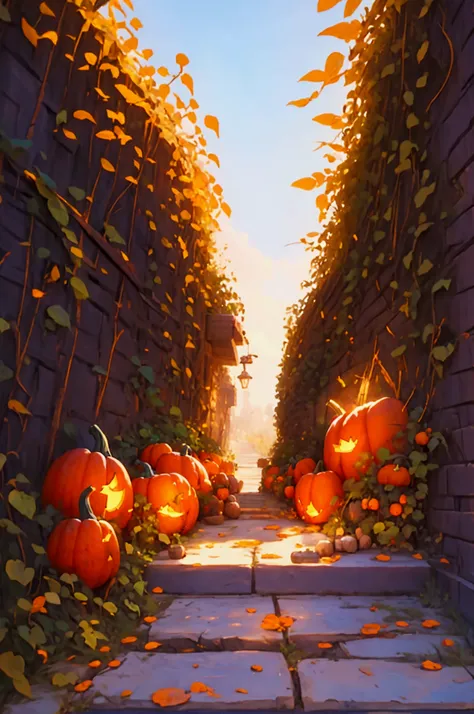 a pathway with pumpkins left and right