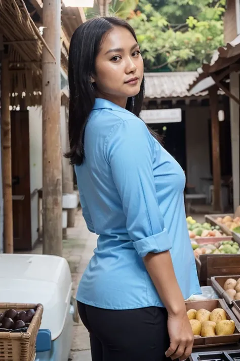 indonesian woman,((40 years old)), beautiful face, tan skin,(light blue long shirt),(shirt out),(black pants), curvy body, soft ...