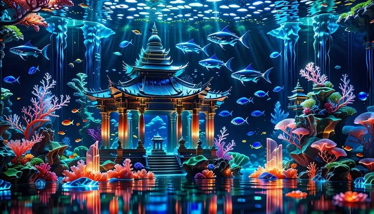 A Masterpiece In 32K Resolution, Supreme Quality, Super Detail, Official Art, Very High-Resolution 32K Wallpaper, Beautiful And Aesthetic, Ultra-Detailed Features, Awe-Inspiring Detail. Floating Islands Replaced With Underwater Cities. Luminous Coral Reefs...