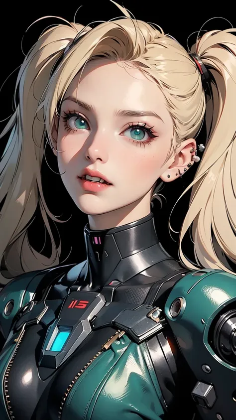 ((Mechanical world)). ((A young girl is wearing cyberpunk clothing)). ((Mechanical young girl)). Only from the neck up. ((Grotesque)). ((Machine)). ((Mecha)). ((Fangs)). ((Strange)). ((Madness)). ((Anger)). ((Intimidation)). ((Looking up)). ((Piercings)). ...