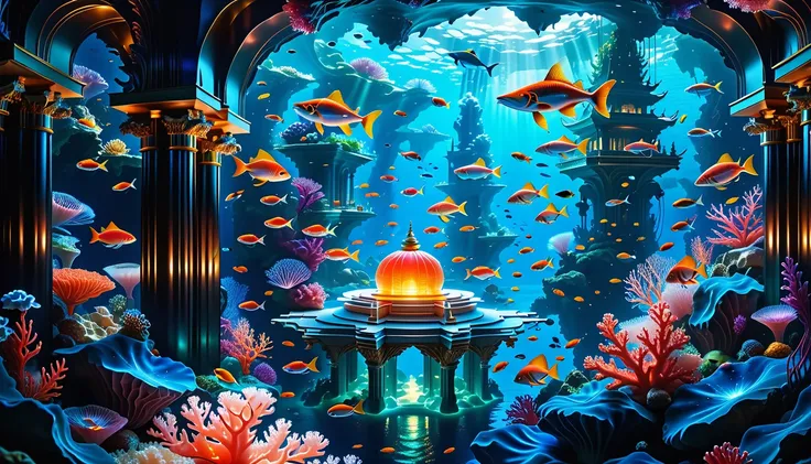 A Masterpiece In 32K Resolution, Supreme Quality, Super Detail, Official Art, Very High-Resolution 32K Wallpaper, Beautiful And Aesthetic, Ultra-Detailed Features, Awe-Inspiring Detail. Floating Islands Replaced With Underwater Cities. Luminous Coral Reefs...