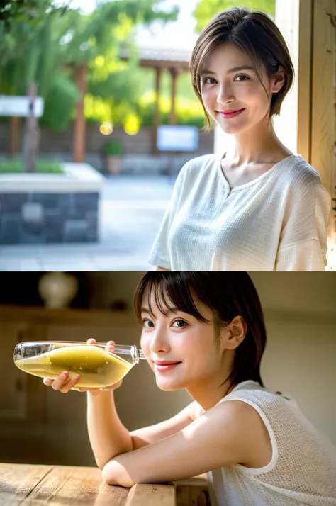 ((White Wine)),((Wine Glasses)),(Realistic, 超Realistic:1.4), 16K HDR, High resolution,((White Wine)),((Wine Glasses)),Happy smile、short hair,The best smile、Japanese actress,so beautiful(It looks like the real thing),dress、Slim couple、Model Couple、(Realisti...