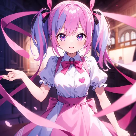 ((8k, Highest quality, masterpiece: 1.3)),Ultra-high resolution,(1 girl, alone), Highly detailed eyes, Highly detailed face, pink Hair, twintails, playful bow in soft pink. Her eyes are dark purple, wearing a white shirts and pink dress, Looking at viewer,...