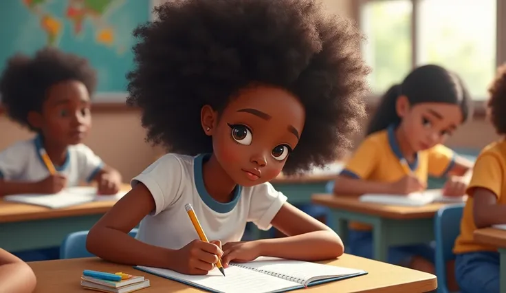  Afro girl is at school dressed in blue short skirt and white short sleeve shirt at school studying with many other students seen up close.