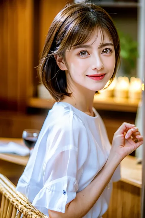 ((White Wine)),((Wine Glasses)),(Realistic, 超Realistic:1.4), 16K HDR, High resolution,((White Wine)),((Wine Glasses)),Happy smile、short hair,The best smile、Japanese actress,so beautiful(It looks like the real thing),dress、Slim couple、Model Couple、(Realisti...