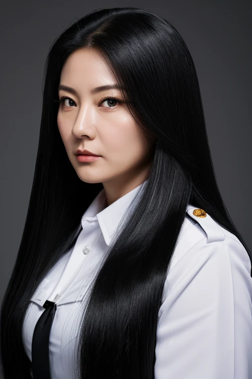 1 Chinese lady, (Realist:1), jet black hair,most very long hair,hair as long as rapunzel,thick hair,fluffy hair,most very voluminous hairstyle.most very heavy-weight hairstyle,most very giant hairstyle,female jail officer,black uniform,black pants,most ver...