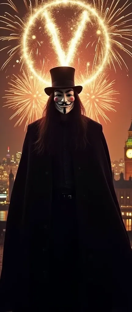 A scene from the movie V for Vendetta. Fireworks in the sky forming the symbol of "V" inside a circle, accompanied by many smaller fireworks around it. Below is the Big Ben and the city skyline of London. In the foreground, is a long-haired man in a Guy Fa...