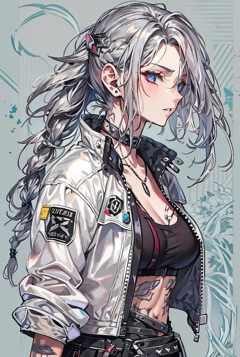 Punk clothing,Cybertic Sword,Shiny Hair, Side braids, Wet Hair, Medium Hair, Silver Hair,Slanted Eyes, Simple Background, Scar on cheek, Best Quality, Textured skin, 