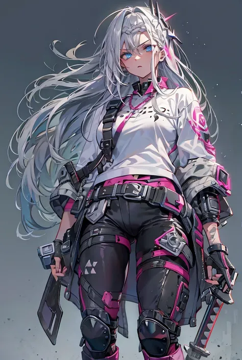 Punk clothing,Cybertic Sword,Shiny Hair, Side braids, Wet Hair, Medium Hair, Silver Hair,Slanted Eyes, Simple Background, Scar on cheek, Best Quality, Textured skin, 