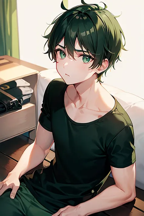 a boy, ((green briefs)), beautiful eyes, soft skin, black t-shirt