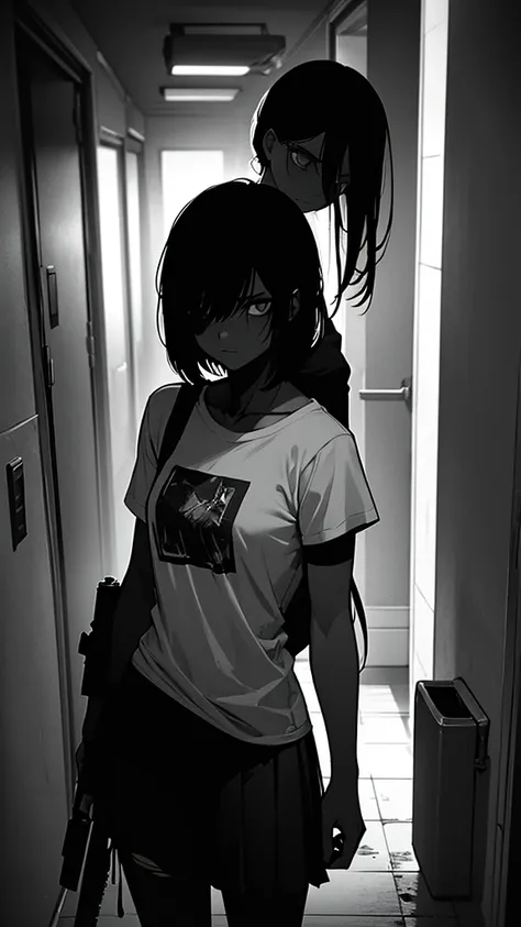  Sexy woman holding a shotgun wearing torn clothes, skirt and short sleeved t-shirt with hints of blood on the clothes, You can only see his back and the very long, dark, windowless hallway with little light.. At the end of the corridor, among the shadows,...