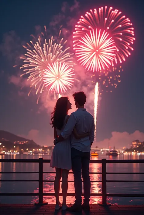 (masterpiece、high quality、High resolution、high quality、Aesthetic Sense：1.2)、(beautiful young woman and man)、(Fractal Art：2.0)、Standing on the bridge、Romantic scene of a couple watching beautiful fireworks burst into the night sky、The fireworks are vibrant ...