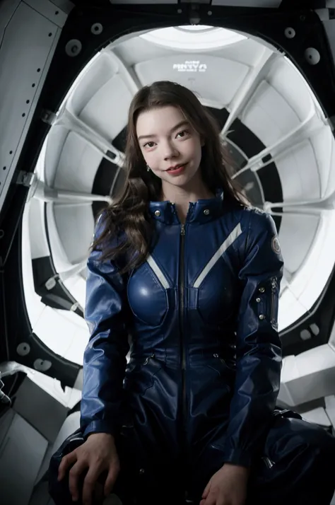 anya taylor joy actress, on a spaceship, sits alone, flirting, smiles, high resolution, 80&#39;urop, looks at the viewer, the he...