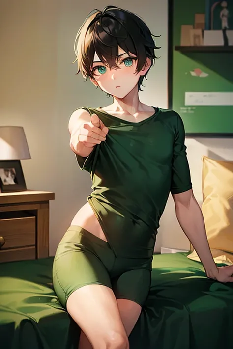 a boy in green briefs, beautiful eyes, soft skin, black t-shirt