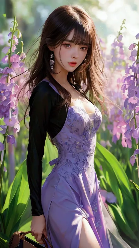 Lily of the valley flower field　Beautiful woman with long hair　Black long sleeve dress　Black pumps　　High-resolution line of sight, Brown Hair, Moving lines, masterpiece, Best Quality, Character design drawings, A series of character actions, Close-up, Afte...