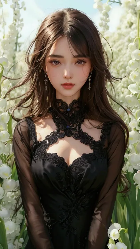 Lily of the valley flower field　Beautiful woman with long hair　Black long sleeve dress　Black pumps　　High-resolution line of sight, Brown Hair, Moving lines, masterpiece, Best Quality, Character design drawings, A series of character actions, Close-up, Afte...