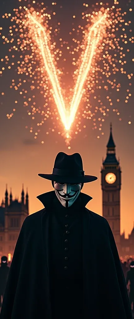 A scene from the movie V for Vendetta. Fireworks in the sky forming the symbol of "V", many smaller fireworks surround the main firework. Below is the Big Ben and the city skyline of London. In the foreground, is a long-haired man in a Guy Fawkes mask, bla...