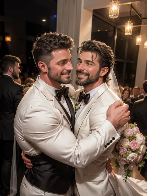 Award-winning original photos，2 men, Wild muscle man, (40 years old), beard, Strong, Macho, jacket, smile happily, wedding, (Tuxedo), Embrace, detailed, Fascinating, face close-up, Flowers, from the side