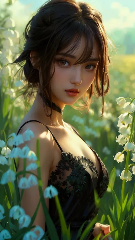 a beautiful woman with long brown hair in a field of lily of the valley flowers, wearing a long black dress and black high heels, high resolution detailed portrait, dynamic lines, masterpiece, best quality, character art, series of character actions, close...