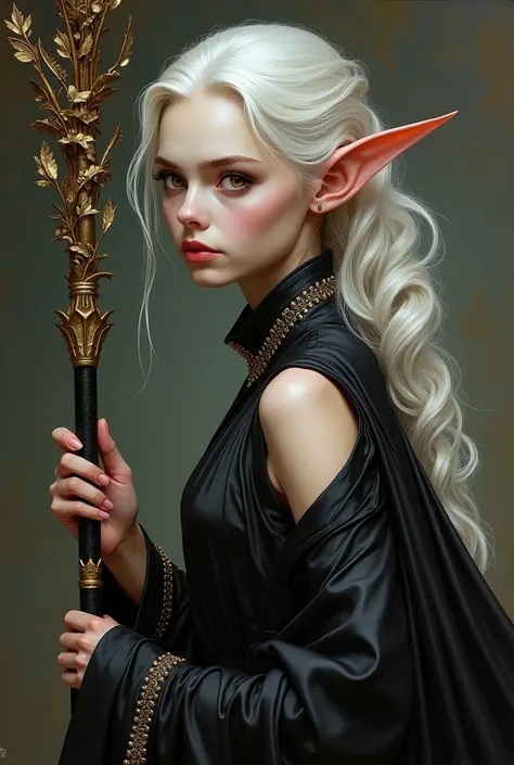 half-lengths ceremonial three-quarter portrait of stunning teenage drow sorceress-princess, dark olive skin, platinum blonde, snow-white very thin brows, elegant pointy ears, chiselled mesmerizing face, huge glowing amber eyes, pouty parted lips, adorable ...