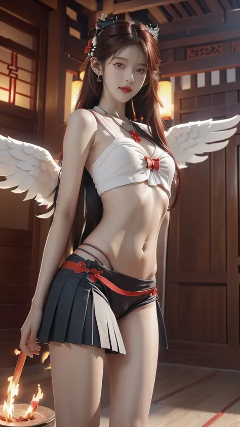 (((best quality))), (((Detailed details))), (((masterpiece))), illustration,((1 beautiful ,alone,Demon Girl)),((White skin)),((Shoulder length straight red hair,blue eyes)),(earring,crystal necklace),((thin,thin,Small breasts)),Cheerful face,((Angel black ...