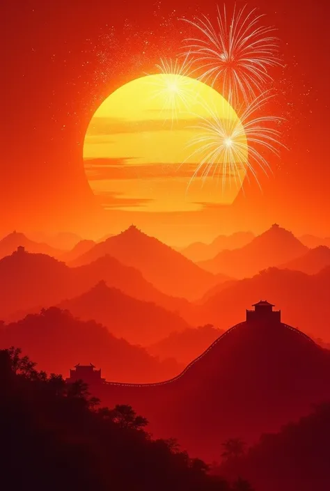 Orange sunrise，National Day，fireworks，The background is mainly cinnabar red，The Great Wall in the distance,