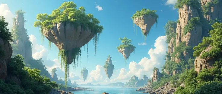 Rocks floating in sky, Plants and huge vines attacked to rocks, blue sky, vines connected to rocks,