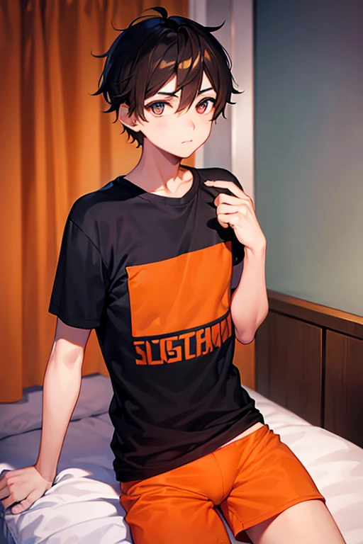 ((a boy in orange underwear)), beautiful eyes, soft skin, (black t-shirt)