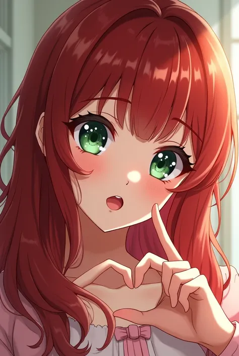 1girl,anime style,gorgeous,beautiful,red wavy ultra long hair,deep sparkle green eyes,ultra long lashes,expressive,heart sign,full lips,(best quality,4k,8k,highres,masterpiece:1.2),ultra-detailed,(realistic,photorealistic,photo-realistic:1.37),HDR,UHD,stud...