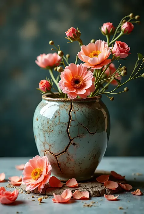 a professional photo of a broken flower vase made from ceramics, flowers plug inside, close up shot, bokeh, Photography, hard lighting, velvet background 