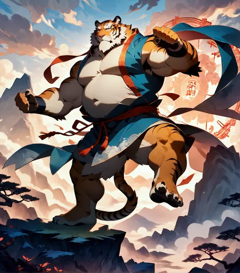 monk, a musclegut middle-aged tiger man, costume, rotating the body, executing highkick, dynamic pose, detailed painting landsca...