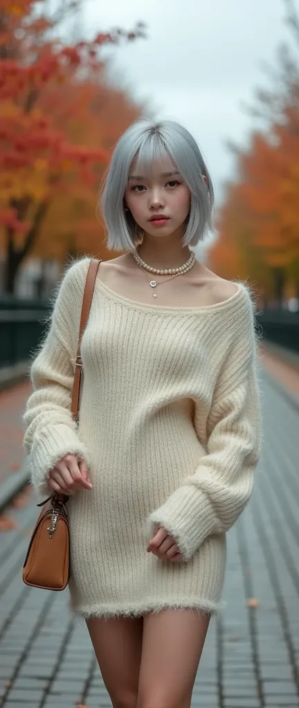 (8k, Photorealistic, Original photo, Highest quality: 1.4),Japanese idol-style beautiful girl,18 years old,Model,1 person,(Short Bob),(Silver Hair),(Knitted hat),She has her hair tucked behind her ears,Clear grey eyes,Long eyelashes,(piercings(small)),(Lip...