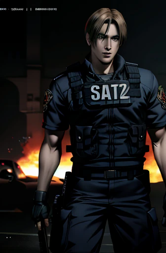 (Best Quality, Ultra-high resolution),Leon S. Kennedy has a beautiful body, SWAT Clothing, Handsome and cool young man, Slim and muscular