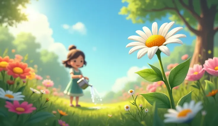 An enchanting and vibrant scene depicting a beautiful white daisy flower in full bloom, surrounded by a lush garden filled with colorful flowers and green leaves. In the background, a young girl named Cúc is happily tending to the flower, watering it with ...