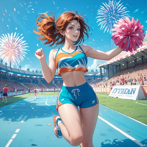 a crowded sports park with white fireworks exploding overhead, autumn sports festival, girls running in a race, wearing colorful...