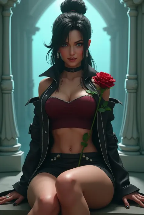 Tifa smiling in a creative dynamic and sexy sitting down on a sofa pose crossing her legs while holding a red rose. Make her hair attractive and raised with a beautifully detailed and ring-shaped knot. Shes wearing a burgundy top with an edgy jacket slippi...