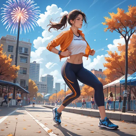 a sports park filled with white smoke fireworks, autumn sports day, girls running in a foot race, wear colorful running shirts a...