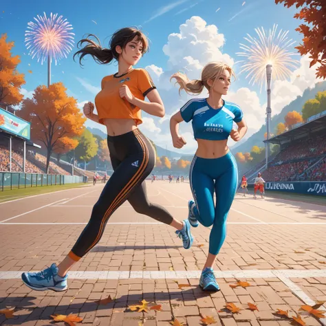 a sports park filled with white smoke fireworks, autumn sports day, girls running in a foot race, wear colorful running shirts a...