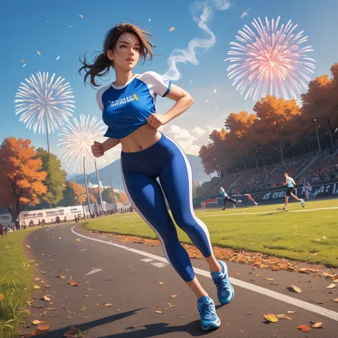 a sports park filled with white smoke fireworks, autumn sports day, girls running in a foot race, wear colorful running shirts a...