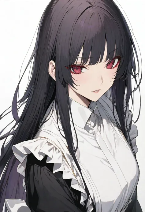 solo, handsome, 1. Female, Hime cut,Straight Long Hair, black hair, red eyes＆Soft look, Gojo Satoru ,Maid,,skin,Sexy,White background