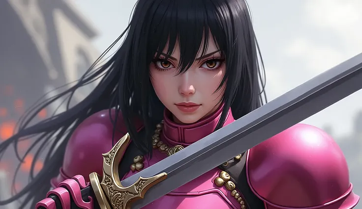 beautiful woman, asian woman, detailed face, (((Yuko Araki))), ((black hair, long black hair, straight hairstyle)), ((black eyes, dark asian eyes, slanted eyes,perfect eyes)), ((asian light skin tone)), ((fearless, ferocious)), ((steel armor, pink armor, s...