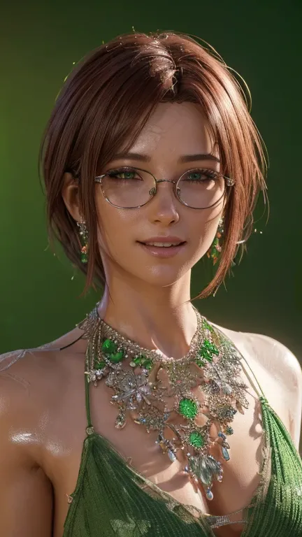 portrait, close-up, upper body. Short, red hair, green eyes, glasses with metal frames, green nightgown, joyful smile, cheerful girl . (masterpiece, top quality, best quality, official art, beautiful and aesthetically pleasing:1.2), extremely detailed,(fra...