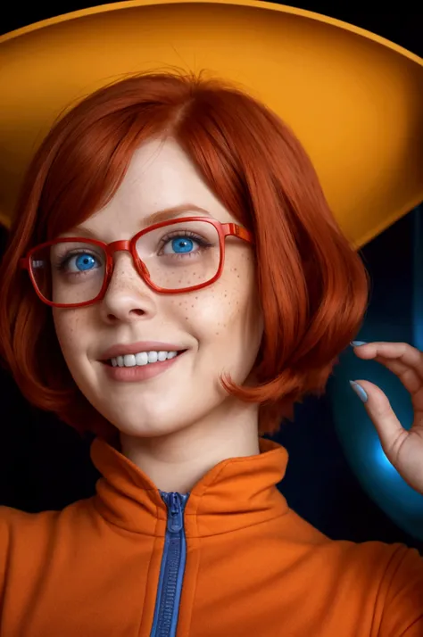 Velma Dinkley from Scooby Doo, on a spaceship, 1 girl, red hair, a few freckles, glasses, yellow and red spacesuit, square hairstyle, Blue eyes, mystical mood, horror film, Night, realistic image, high resolution, Realistic anatomy, in detail, view from be...