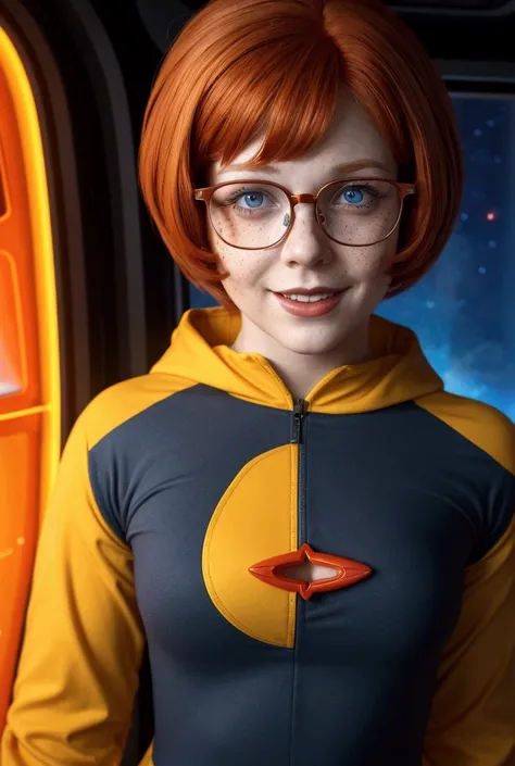 Velma Dinkley from Scooby Doo, on a spaceship, 1 girl, red hair, a few freckles, glasses, yellow and red spacesuit, square hairstyle, Blue eyes, mystical mood, horror film, Night, realistic image, high resolution, Realistic anatomy, in detail, view from be...