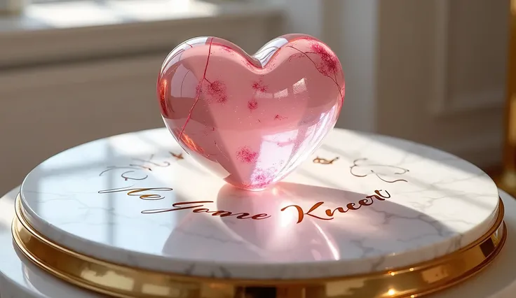 white marble table with gold trim, It has a large glass heart with pink veins on it, everything is done in a romantic style, beautiful gold 3d inscription "I Love You"