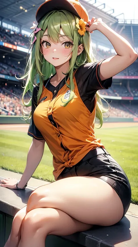 Maki: ore no imouto ga konna ni kawaii wake ga nai, 25-yers-old girl with short light green straight hair with flower hairpin on left bangs, light_brown_eyes, petite_body, average_breasts, seducing look, baseball stadium background, sexy orange baseball un...