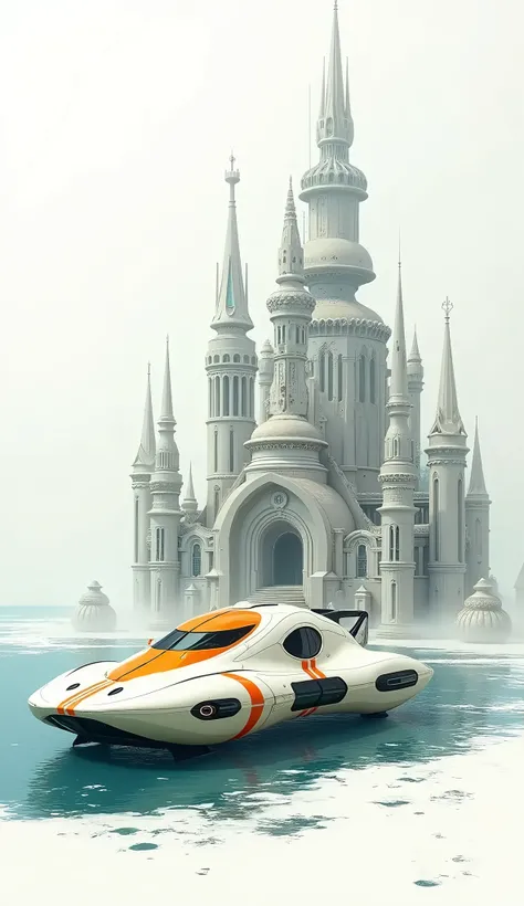 Private Underwater Castle、Quad Gyro、 concept,Off-white and orange body color 、Can accommodate 10 passengers、Large, Conceptual Art, Digital Art,White background