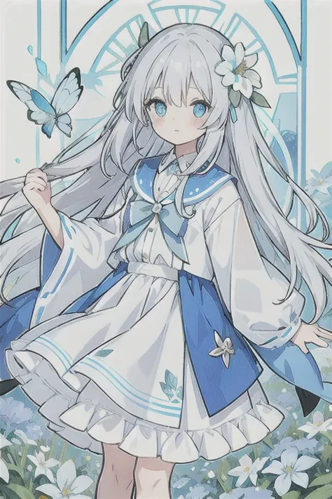 ・watercolor・white hair、very long hair, light blue left eye、grey right eye, flower-shaped pupil, loose-fitting blouse, light blue...